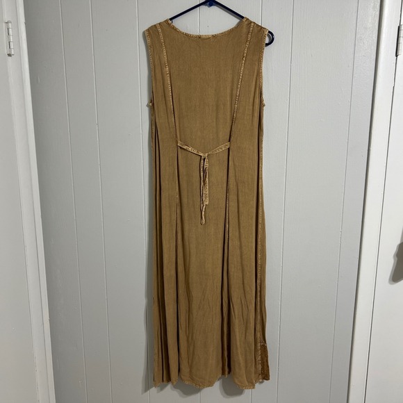 Flower Button Front Embroidered Maxi Dress Tan Brown Size M Boho Fairycore - Picture 7 of 8